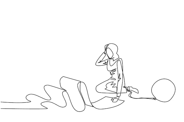 Dibujo continuo de una línea de una mujer de negocios árabe sentada en el piso Ilustración vectorial de diseño