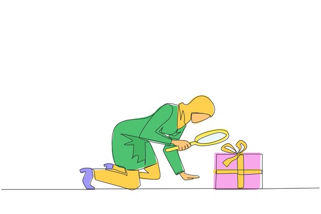 Dibujo continuo de una línea de una mujer de negocios árabe sosteniendo una lupa mirando una caja de regalos