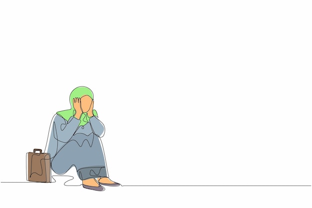 Un dibujo continuo de una línea de una mujer de negocios árabe triste cubre la cara con las manos y sentada vector de diseño