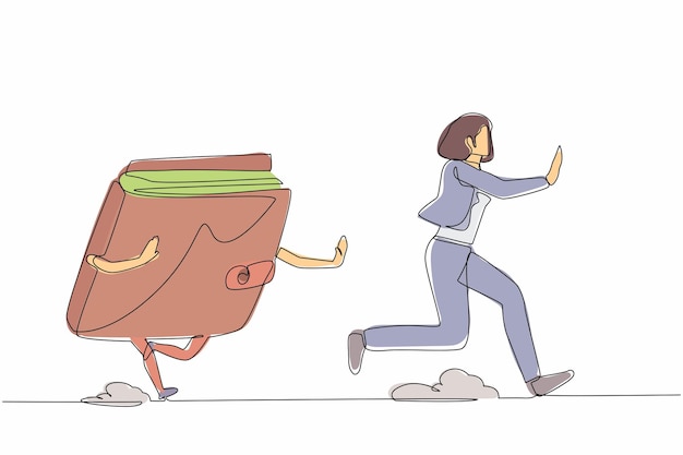 Dibujo continuo de una línea mujer de negocios asustada siendo perseguida por una billetera diseño gráfico vectorial