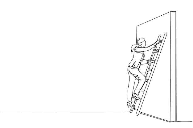 Dibujo continuo de una línea mujer de negocios escalando la pared con una escalera metáfora de obstáculo de negocios