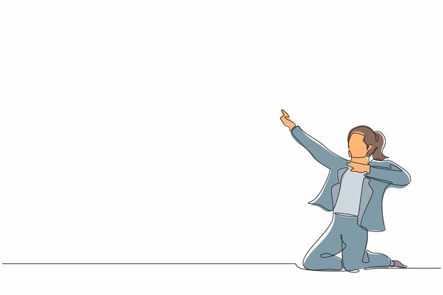 Un dibujo continuo de una línea de mujer de negocios feliz arrodillada con la celebración de la meta posa vector de diseño