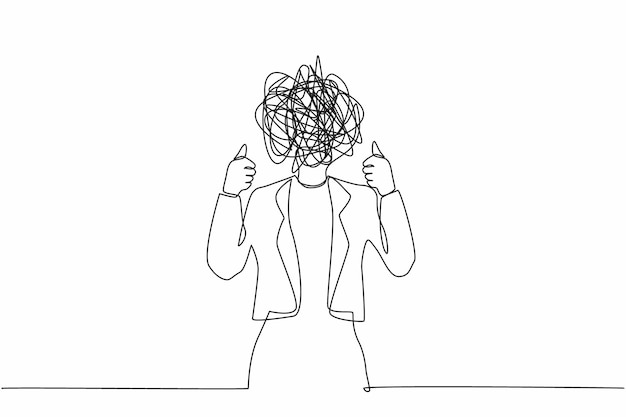 Dibujo continuo de una línea de una mujer de negocios con garabates redondos en lugar de cabeza mostrando el pulgar hacia arriba