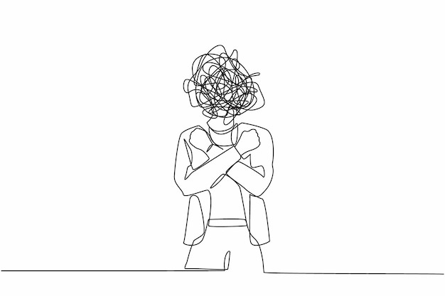 Dibujo continuo de una línea mujer de negocios con garabates redondos en lugar de cabeza Mujer con puños