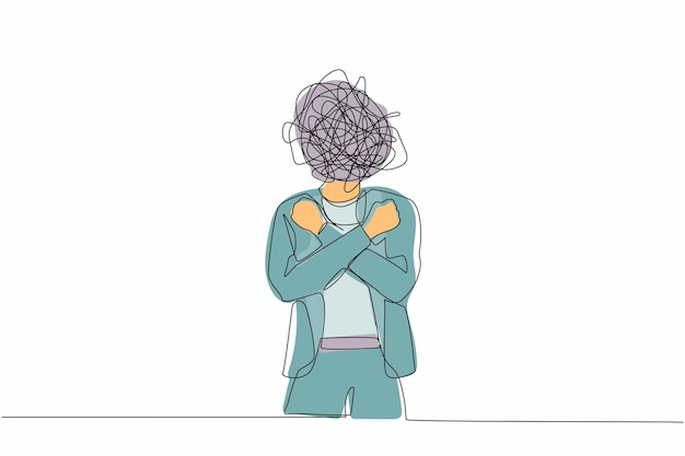 Dibujo continuo de una línea mujer de negocios con garabates redondos en lugar de cabeza Mujer con puños