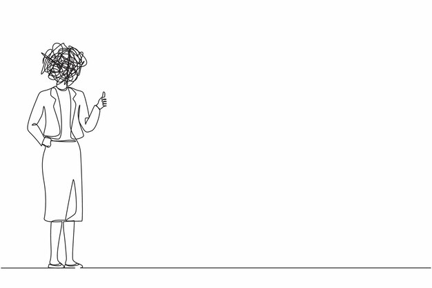 Dibujo continuo de una línea de una mujer de negocios con garabates redondos en lugar de la cabeza Signo de pulgar hacia arriba