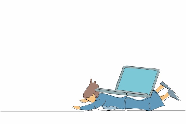 Dibujo continuo de una línea de una mujer de negocios infeliz bajo un pesado vector de carga de computadora portátil