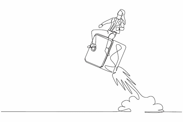 Dibujo continuo de una línea mujer de negocios montando un cohete de caja de depósito volando en el cielo ilustración
