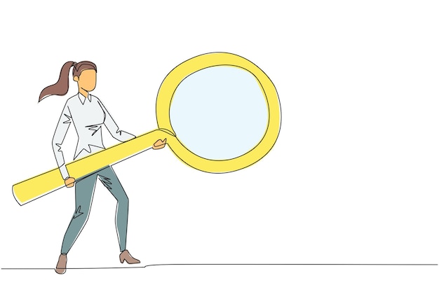 Dibujo continuo de una línea mujer de negocios de pie sosteniendo una lupa gigante que se asemeja a un guitarrista