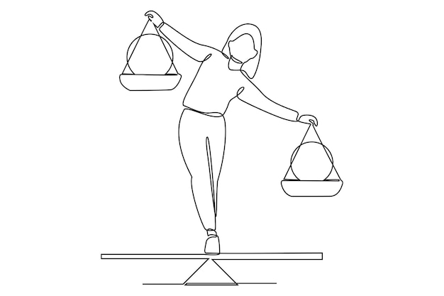 Dibujo continuo de una línea mujer de negocios que demuestra una forma de vida equilibrada Regalo sorpresa Equilibrio entre la vida laboral Manejar bien el tiempo Ilustración vectorial de diseño de dibujo de una sola línea