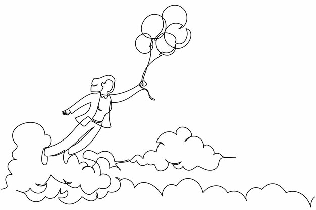 Un dibujo continuo de una línea de una mujer de negocios rica y feliz volando con un globo de aire en la ilustración del cielo