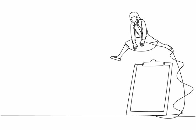 Dibujo continuo de una línea mujer de negocios saltando por encima del gran tablón de recortes Completación de la encuesta de negocios