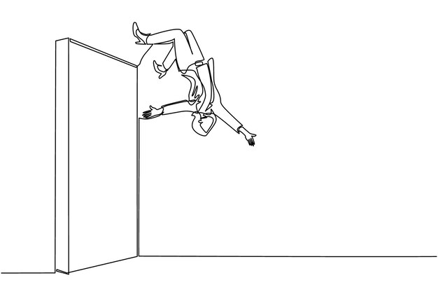 Dibujo continuo de una línea de una mujer de negocios saltando por encima de una pared de ladrillo con estilo acrobático