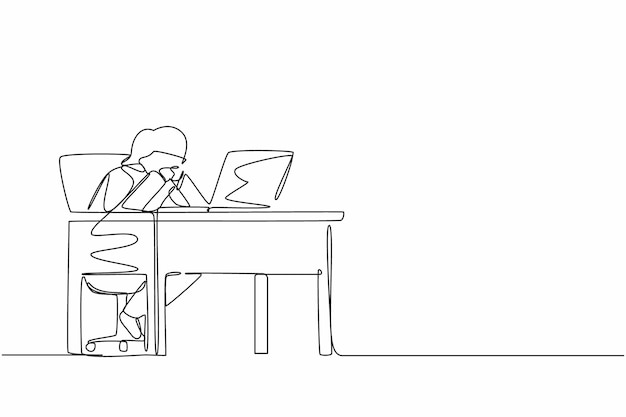 Dibujo continuo de una línea mujer de negocios trabajando en una computadora portátil Trabajo en el vector de diseño de oficina en el hogar