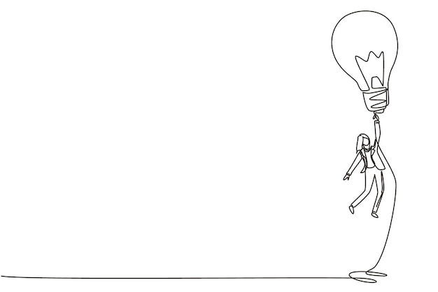 Dibujo continuo de una línea mujer de negocios volando sosteniendo bombillas de ideas en el cielo Trabajadora de oficina en traje