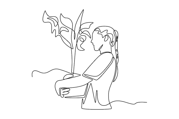 Dibujo continuo de una línea mujer que lleva una planta grande en una maceta Concepto del día mundial del medio ambiente Ilustración gráfica vectorial de diseño de dibujo de una sola línea