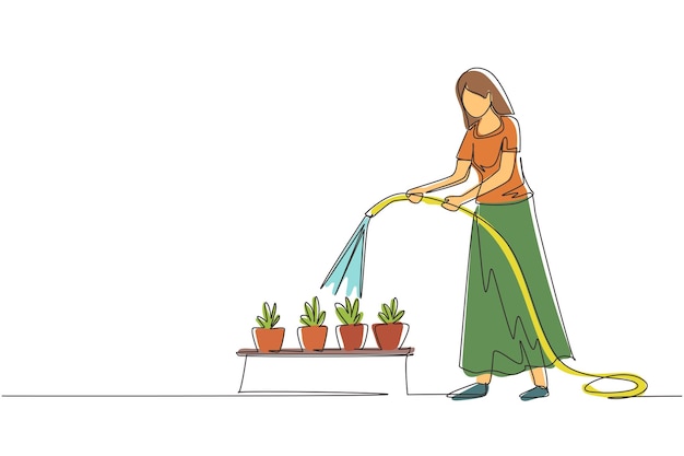 Dibujo continuo de una línea de mujer regando plantas en maceta con manguera Vector de invernadero de jardinería.