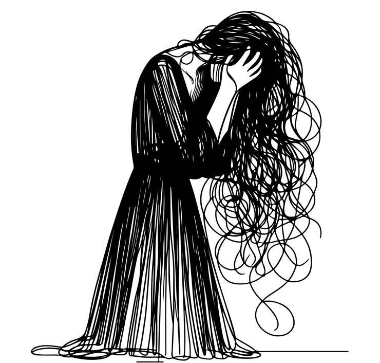 Dibujo continuo de una línea de una mujer con sentimientos confusos preocupada por una mala salud mental