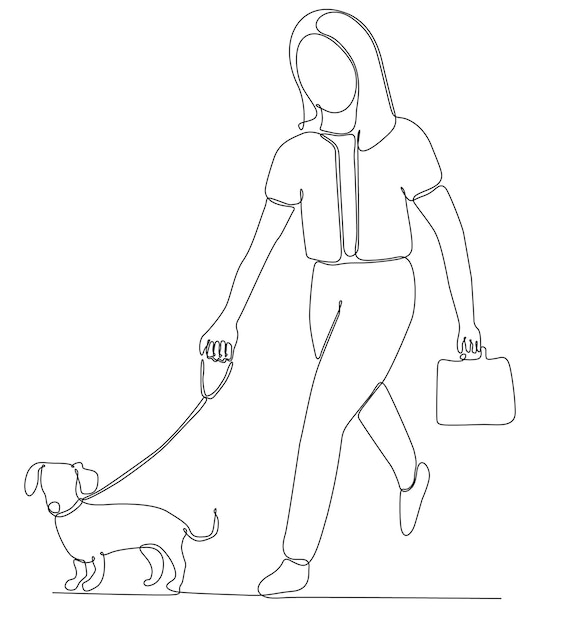 Dibujo continuo de una línea de mujer sosteniendo correa de perro mientras camina. ilustración vectorial