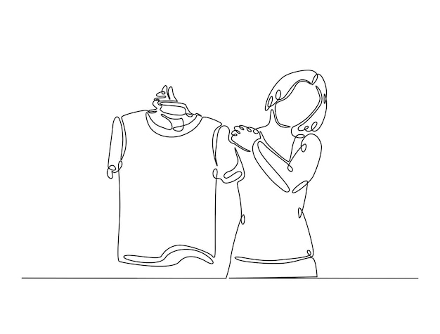 Dibujo continuo de una línea de una mujer sosteniendo ropa en colgadores