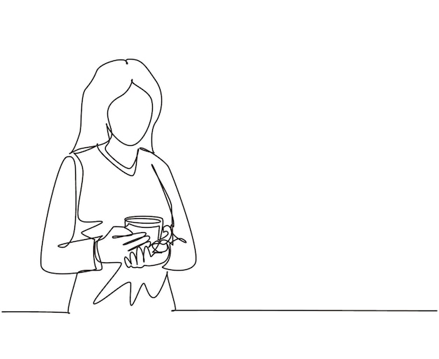 Un dibujo continuo de una línea de una mujer en suéter sosteniendo una taza de café sonriendo y mirando al vector.