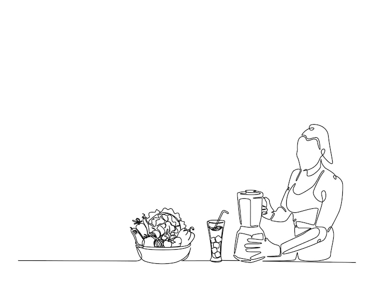 Vector dibujo continuo de una línea de mujeres haciendo jugo saludable con una licuadora o exprimidora