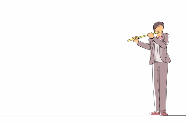 Dibujo continuo de una línea músico masculino tocando la flauta de pie en traje flautista tocando música