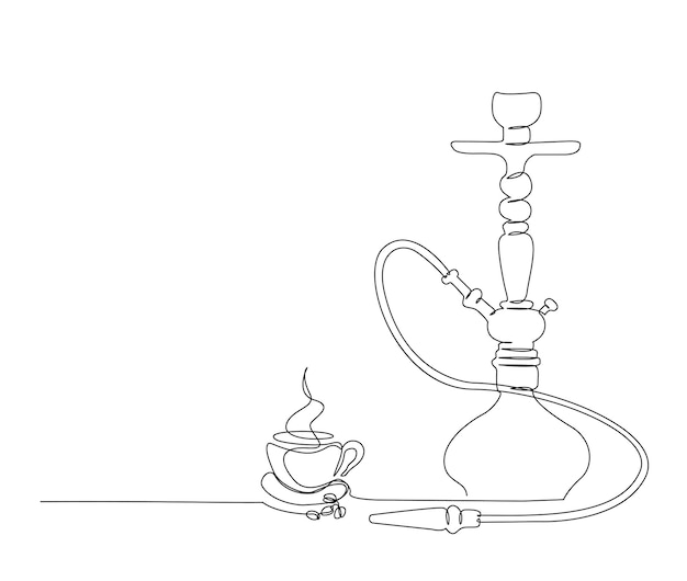 Dibujo continuo de una línea de narguile y una taza de café, equipo para fumar tabaco, ilustración de vector de contorno sheesha simple