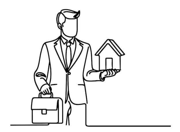 Un dibujo continuo de una línea negra hombre de negocios con la mano sosteniendo el icono de la casa signo de ahorro de dinero concepto