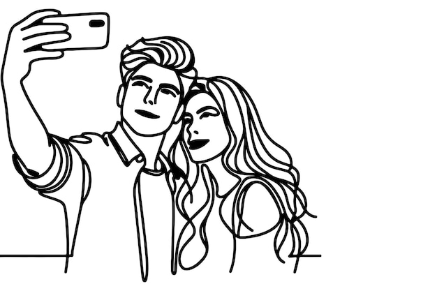 Un dibujo continuo de una línea negra de un joven y una chica alegres sosteniendo un teléfono inteligente