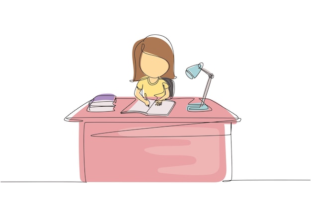 Dibujo continuo de una línea Niña estudiando en la mesa con lámpara de estudio y pila de libros Niño haciendo la tarea de la escuela Concepto de estudiante inteligente Diseño de dibujo de línea única Ilustración gráfica vectorial