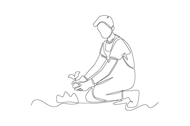 Dibujo continuo de una línea niño agricultor plantando brotes de plantas en el suelo concepto de agricultura diseño de dibujo de línea única ilustración gráfica vectorial