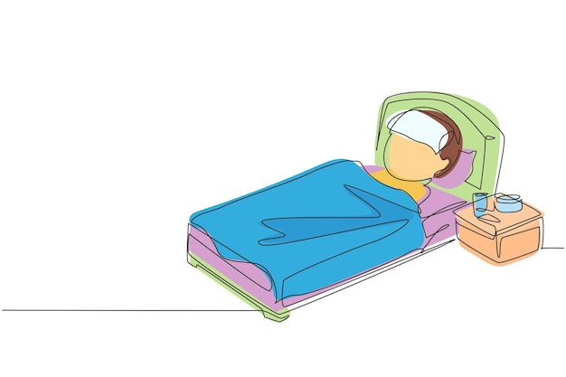 Dibujo continuo de una línea niño enfermo con fiebre alta El niño está enfermo con gripe o coronavirus El niño acostado en la cama se siente tan mal con fiebre Símbolo de atención médica Diseño de una sola línea ilustración gráfica vectorial