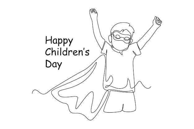 Dibujo continuo de una línea niño feliz con traje de superhéroe Concepto del Día del Niño Feliz Ilustración gráfica vectorial de diseño de dibujo de una sola línea