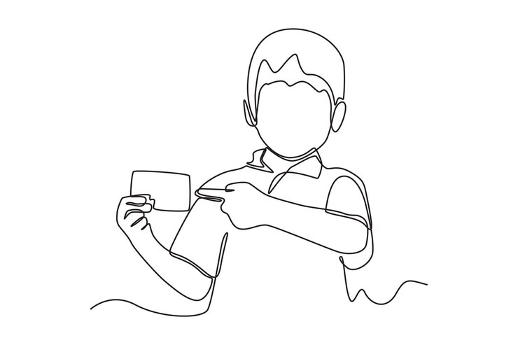 Vector dibujo continuo de una línea niño feliz usando tarjeta de crédito o débito para transacciones en línea concepto sin efectivo ilustración gráfica vectorial de diseño de dibujo de una sola línea