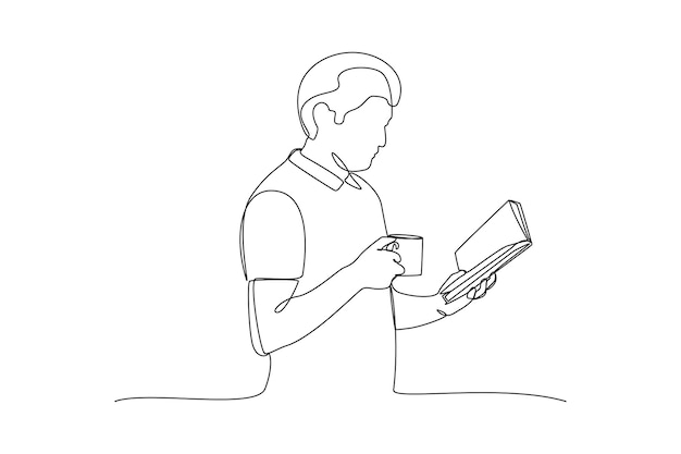 Dibujo continuo de una línea niño leyendo un libro mientras bebe café Concepto de libro Dibujo de una sola línea