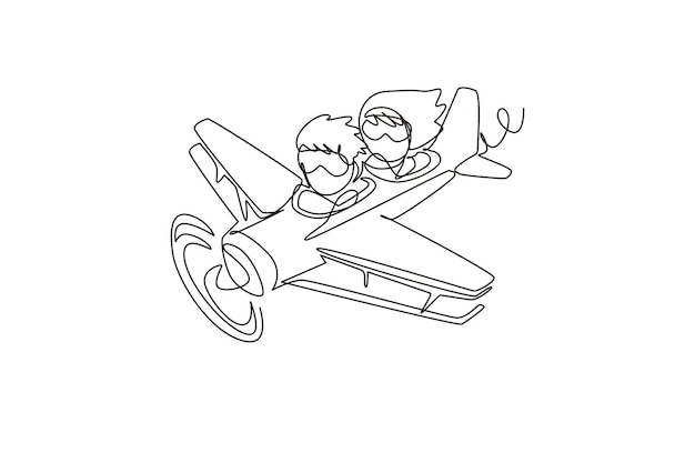 Dibujo continuo de una línea de un niño operando un avión y una niña como pasajeros Niños volando en un avión Niño sonriente feliz volando en un avión como un piloto real Ilustración gráfica vectorial de diseño de línea única