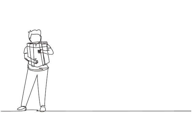 Un dibujo continuo de una línea de un niño de pie y abrazando una caja de regalos envuelta en un lazo de cinta.