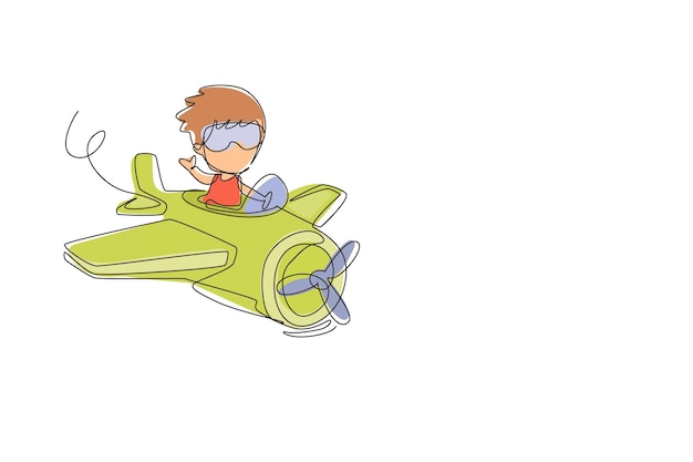 Dibujo continuo de una línea de un niño que opera un avión Niños que vuelan en un avión Niño feliz y sonriente que vuela un avión como un verdadero piloto y sueña con la profesión de piloto Vector de diseño de dibujo de línea única