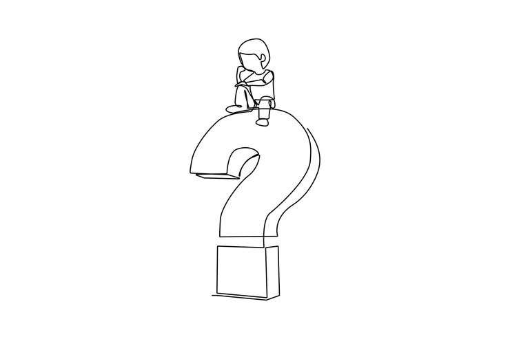 Vector dibujo continuo de una línea niño sentado en el signo de interrogación concepto de preguntas frecuentes ilustración gráfica vectorial de diseño de dibujo de una sola línea