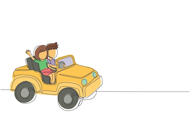 Dibujo continuo de una línea de niños conduciendo un coche de juguete con un niño y una niña sonriendo divirtiéndose mientras conducen un coche de juguete Niños viajando en un coche pequeño Dibujo de línea única Ilustración gráfica vectorial