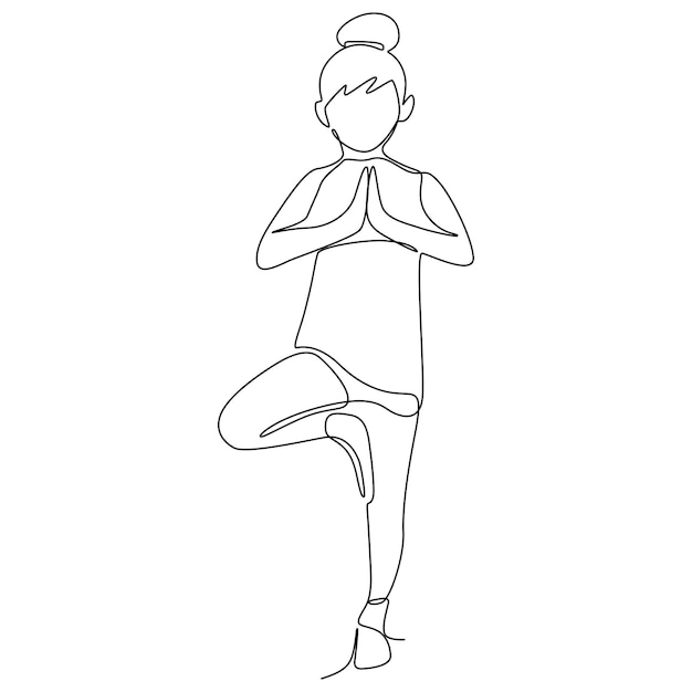 Dibujo continuo de una línea de niños haciendo ejercicio chica de pie en postura de yoga Vector de trazo editable
