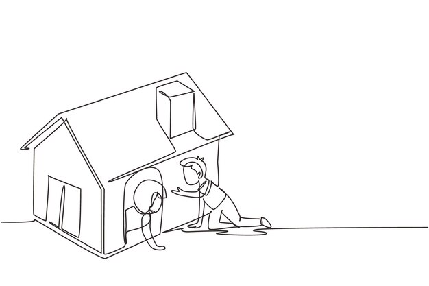 Dibujo continuo de una línea de niños jugando juntos en una casa de juguetes con cajas de cartón Niño y niña jugando dentro y fuera de una casa de juguetes Niño sentado en una casa de juegos Diseño de dibujo de una sola línea ilustración gráfica vectorial