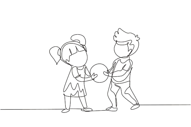 Dibujo continuo de una línea Niños niña y niño hermano hermana peleando por una pelota Conflicto entre niños Niños hermanos peleando en la sala de juegos debido a un juguete Dibujo de línea única diseño gráfico vectorial