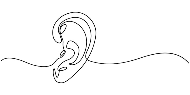 Dibujo continuo de una línea del oído humano aislado en fondo blanco ilustración vectorial pro