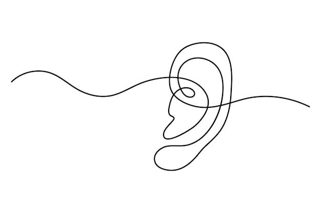 Dibujo continuo de una línea del oído humano aislado en ilustración vectorial de fondo blanco