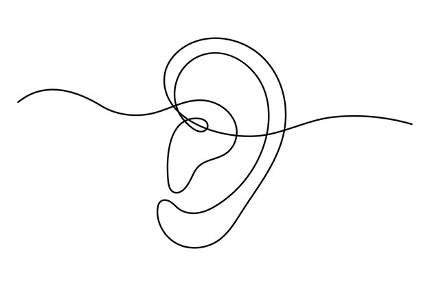 Dibujo continuo de una línea del oído humano aislado en ilustración vectorial de fondo blanco