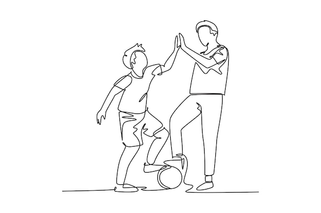 Dibujo continuo de una línea padre e hijo activos jugando fútbol juntos en un campo al aire libre y dando cinco gestos Concepto de crianza feliz Diseño de dibujo de una sola línea ilustración gráfica vectorial