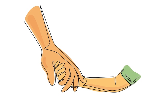 Dibujo continuo de una línea padre sostiene la mano de un niño pequeño infancia con gráfico vectorial familiar