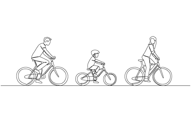 Dibujo continuo de una línea de padres e hijos montando bicicletas en una fila actividad de ciclismo familiar